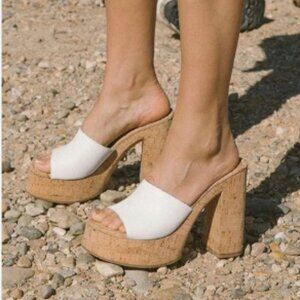 FOWT White Cork High Chunky Heel Backless Mules Platform Open Toe Sandals